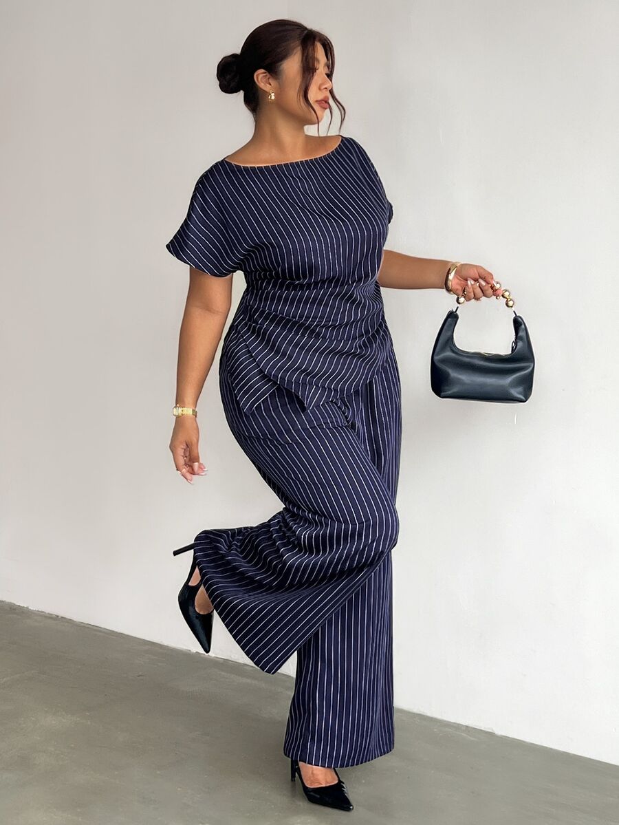 Firerie Plus Size Women's Striped Top And Long Pants Casual Elegant Business Casual Everyday Set Summer/ Teachers' Day Office Work Formal Navy Blue
