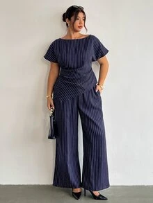 Firerie Plus Size Women's Striped Top And Long Pants Casual Elegant Business Casual Everyday Set Summer/ Teachers' Day Office Work Formal Navy Blue - Navy Blue - View 5