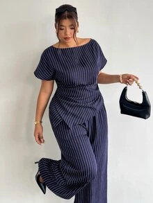 Firerie Plus Size Women's Striped Top And Long Pants Casual Elegant Business Casual Everyday Set Summer/ Teachers' Day Office Work Formal Navy Blue - Navy Blue - View 4