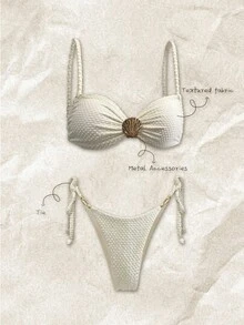 Elavelle Women Beach Summer Outfits - Textured Solid Color Spaghetti Strap Sexy Bikini Set With Shell And Metal Decorations - Beige - View 3