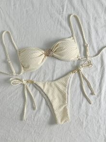 Elavelle Women Beach Summer Outfits - Textured Solid Color Spaghetti Strap Sexy Bikini Set With Shell And Metal Decorations - Beige - View 4