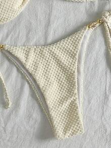 Elavelle Women Beach Summer Outfits - Textured Solid Color Spaghetti Strap Sexy Bikini Set With Shell And Metal Decorations - Beige - View 6