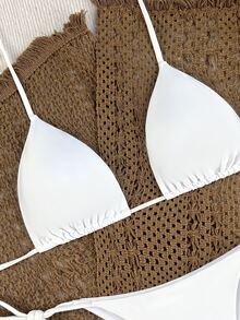 SHEIN Swim Conjunto de bikini de 2 piezas con sujetador triangular de punto de canalé y Bottom de corte alto para playa de verano - Blanco - Ver 5