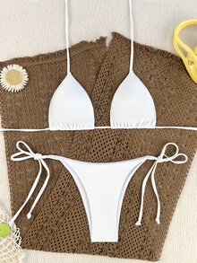 SHEIN Swim Conjunto de bikini de 2 piezas con sujetador triangular de punto de canalé y Bottom de corte alto para playa de verano - Blanco - Ver 4