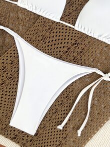 SHEIN Swim Conjunto de bikini de 2 piezas con sujetador triangular de punto de canalé y Bottom de corte alto para playa de verano - Blanco - Ver 6