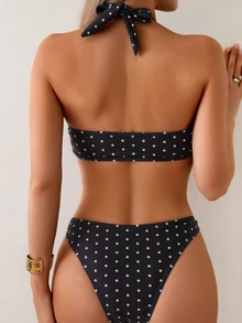 Swim Basics Women's Tropical Polka Dot Print 2 Pieces Bikini Set, Holiday Casual For Summer Beach Vacation - Black and White - View 2