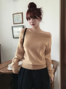 DAZY 素色修身船領半袖休閒優雅秋冬女款針織上衣 - 棕色 - 查看 5