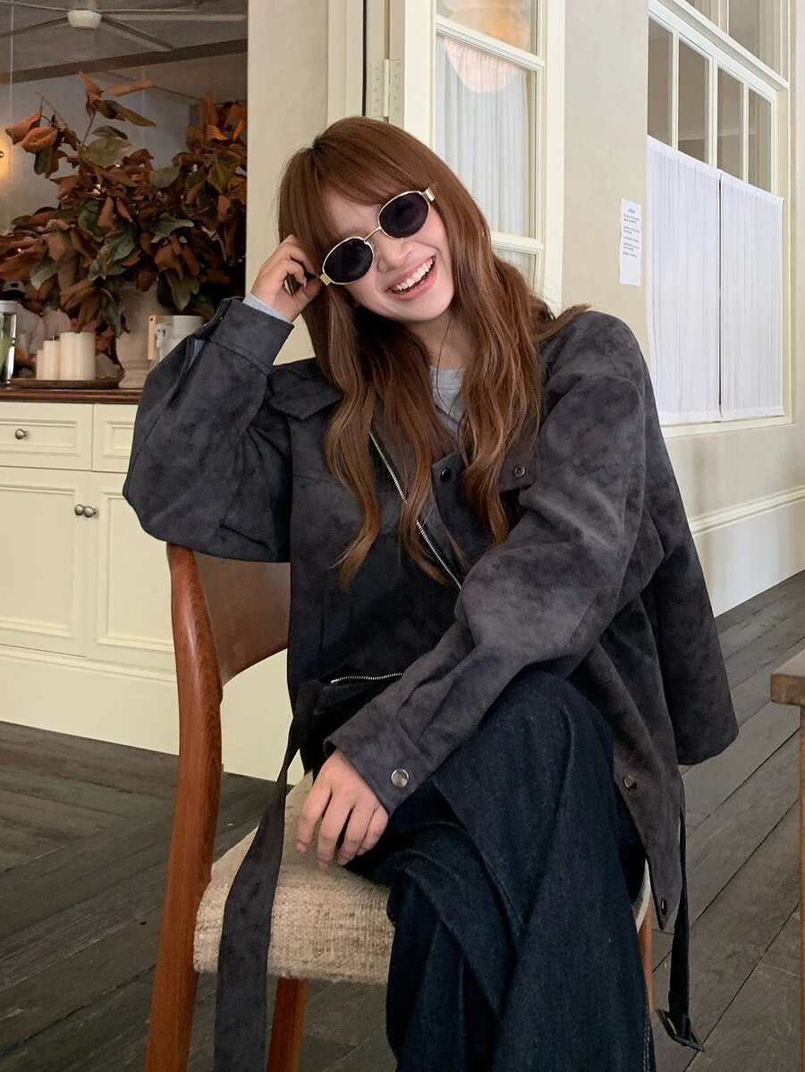 DAZY Women's Solid Color Casual Elegant Long Sleeve Autumn/Winter Korean Style Jacket - Dark Grey - View 1