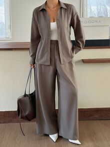 Dazy Plus Spring/Autumn New Solid Color Pleated Shirt & Loose Wide Leg Pants Casual Set - Grey - View 2