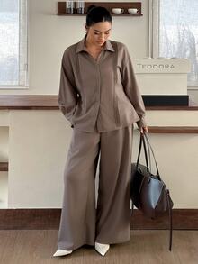Dazy Plus Spring/Autumn New Solid Color Pleated Shirt & Loose Wide Leg Pants Casual Set - Grey - View 4