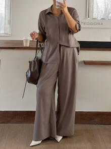 Dazy Plus Spring/Autumn New Solid Color Pleated Shirt & Loose Wide Leg Pants Casual Set - Grey - View 6