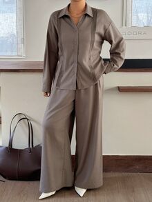 Dazy Plus Spring/Autumn New Solid Color Pleated Shirt & Loose Wide Leg Pants Casual Set - Grey - View 7