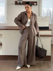 Dazy Plus Spring/Autumn New Solid Color Pleated Shirt & Loose Wide Leg Pants Casual Set - Grey - View 5