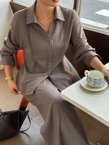Dazy Plus Spring/Autumn New Solid Color Pleated Shirt & Loose Wide Leg Pants Casual Set - Grey - View 1