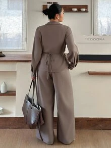 Dazy Plus Spring/Autumn New Solid Color Pleated Shirt & Loose Wide Leg Pants Casual Set - Grey - View 8
