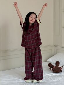 Dazy Kids Tween Girl Plaid Round Neck Short Sleeve Top And Long Pants Loungewear - Burgundy - View 4