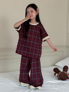 Dazy Kids Tween Girl Plaid Round Neck Short Sleeve Top And Long Pants Loungewear - Burgundy - View 6