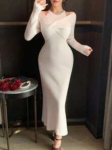 DAZY 女款純色露肩長袖修身優雅針織洋裝 冬季 - 米色 - 查看 9