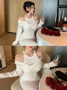 DAZY 女款純色露肩長袖修身優雅針織洋裝 冬季 - 米色 - 查看 5