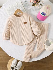 SHEIN Young Girl Young Girl Young Girl Knit Solid Color Crew Neck Loose Casual T-Shirt & Long Pants 2 Pieces Set - Pink - View 3