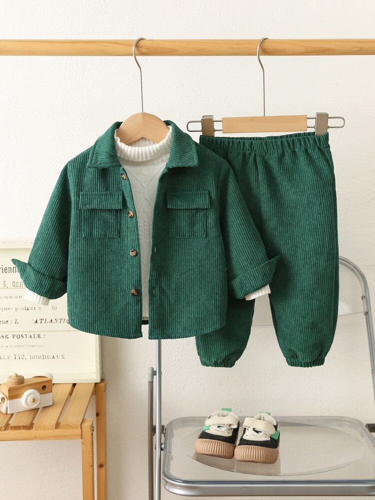 SHEIN Baby Boy Autumn/Winter Christmas Dark Green Long Sleeve Shirt And Pants Set, Suitable For Holiday, Outing, Vacation Wear - Dark Green - View 3