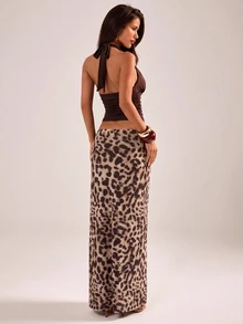SHEIN BAE Autumn/Winter Solid Brown Halter Neck Tank Top & Leopard Print Skirt 2 Pieces Set, Knit Elegant Practical Leopard Print Outfit For Women - Brown - View 2