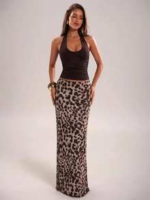 SHEIN BAE Autumn/Winter Solid Brown Halter Neck Tank Top & Leopard Print Skirt 2 Pieces Set, Knit Elegant Practical Leopard Print Outfit For Women - Brown - View 4