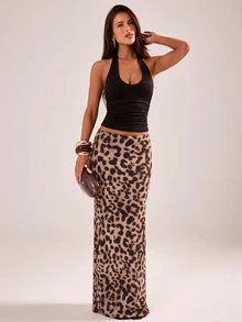 SHEIN BAE Autumn/Winter Solid Brown Halter Neck Tank Top & Leopard Print Skirt 2 Pieces Set, Knit Elegant Practical Leopard Print Outfit For Women - Brown - View 3