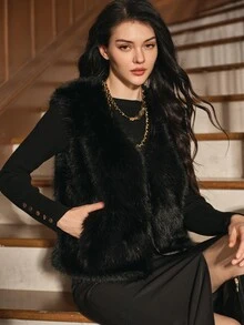 Anewsta Women's Solid Color Fashion Versatile Faux Fur Vest - Black - View 6