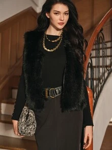 Anewsta Women's Solid Color Fashion Versatile Faux Fur Vest - Black - View 7