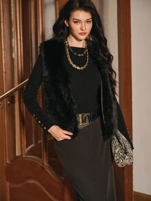 Anewsta Women's Solid Color Fashion Versatile Faux Fur Vest - Black - View 5