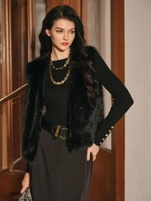 Anewsta Women's Solid Color Fashion Versatile Faux Fur Vest - Black - View 1