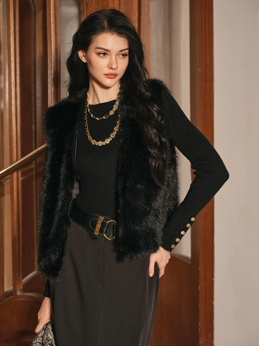 Anewsta Women's Solid Color Fashion Versatile Faux Fur Vest - Black - View 1