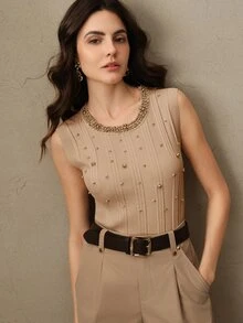 Anewsta Women's Elegant Modern Sleeveless Beaded Knit Tank Top, Suitable For Spring, Summer, Festivals, Graduation - Apricot - View 1