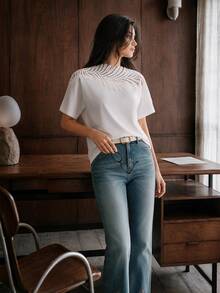Anewsta Women's Elegant Romantic Casual Vacation, Leaf Trim Collar Splice White Short Sleeve T-Shirt For Brunch, Tea Party, Fall/Summer - White - View 8
