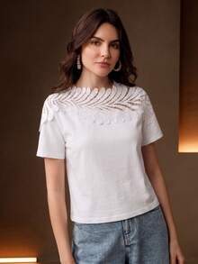 Anewsta Women's Elegant Romantic Casual Vacation, Leaf Trim Collar Splice White Short Sleeve T-Shirt For Brunch, Tea Party, Fall/Summer - White - View 6