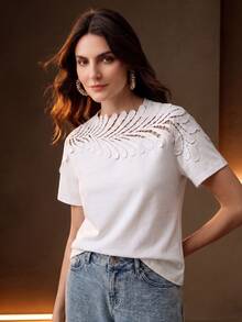 Anewsta Women's Elegant Romantic Casual Vacation, Leaf Trim Collar Splice White Short Sleeve T-Shirt For Brunch, Tea Party, Fall/Summer - White - View 2