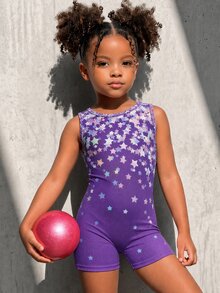 SHEIN Young Girl Round Neck Five-Pointed Star Pattern Casual Athletic Daily Outing Sports Romper - Purple - View 2
