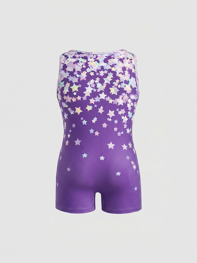 SHEIN Young Girl Round Neck Five-Pointed Star Pattern Casual Athletic Daily Outing Sports Romper - Purple - View 5