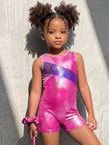 SHEIN Young Girls Athletic Princess Slim Fit Baby Pink Patchwork Gradient Sleeveless Romper Gymnastics Dancing Indoor Summer 7th Birthday - Multicolor - View 8