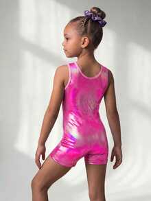 SHEIN Young Girls Athletic Princess Slim Fit Baby Pink Patchwork Gradient Sleeveless Romper Gymnastics Dancing Indoor Summer 7th Birthday - Multicolor - View 3