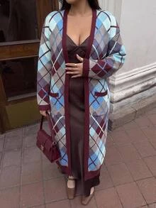 Easura Vintage Plaid Long Wool Cardigan Plus Size Casual Pocket Sweater Winter - Multicolor - View 4