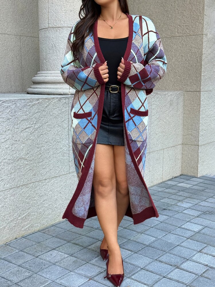 Easura Vintage Plaid Long Wool Cardigan Plus Size Casual Pocket Sweater Winter - Multicolor - View 5