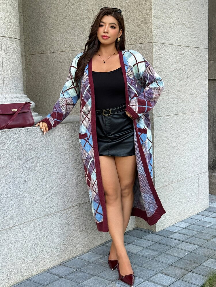 Easura Vintage Plaid Long Wool Cardigan Plus Size Casual Pocket Sweater Winter - Multicolor - View 8