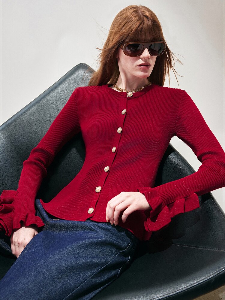 SHEIN Women's Cardigan Slim Fit Textured Knit Pearl Buttons Ruffle Cuffs Round Neck Elegant Red Solid Sweater Cardigan For Women Knit National Day - Burgundy - View 3
