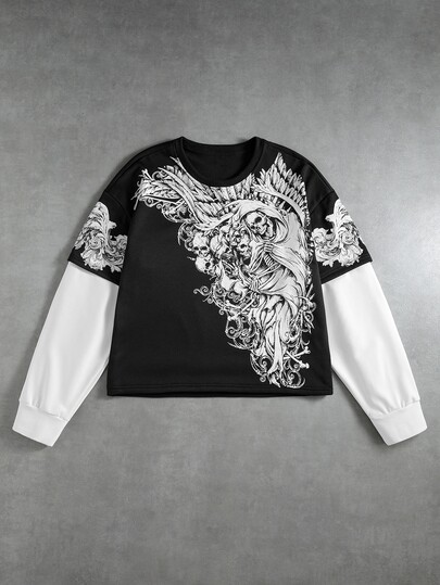 Camiseta 2 en 1 para hombre con estampado de calavera y patchwork de colores contrastantes