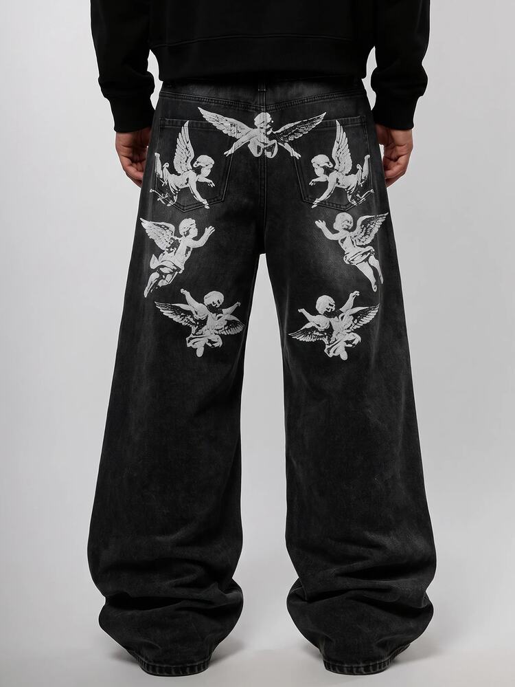 ROMWE MEN Men Angel Print Washed Wide Leg Jeans - Black - View 3