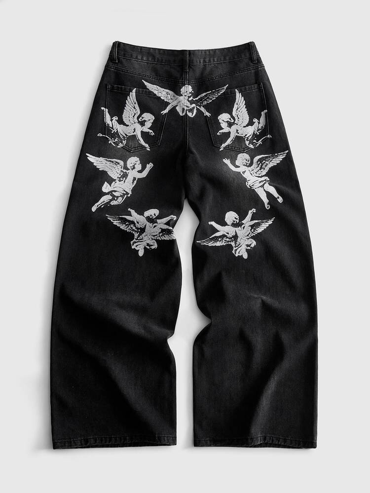 ROMWE MEN Men Angel Print Washed Wide Leg Jeans - Black - View 1