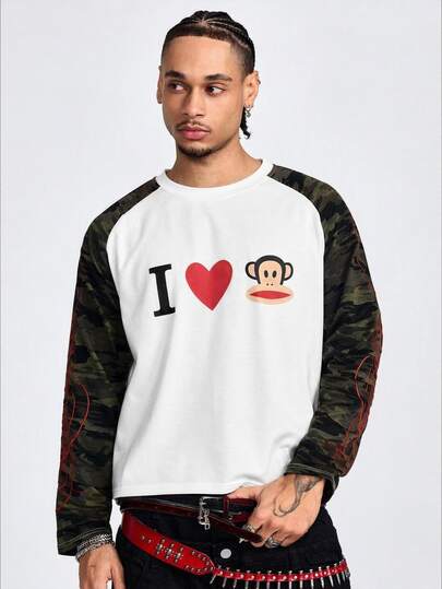 Paul Frank X ROMWE Herren Raglan Langarm T-Shirt mit Buchstaben- & Herz-Muster