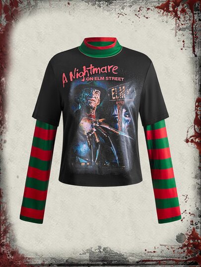 A Nightmare on Elm Street X ROMWE تي شيرت نسائي 2 في 1 بطبعة جرافيك هالوين وخطوط متباينة، أسود، ستايل جرانج ستريت وير، للاستخدام اليومي والحفلات والسهرات